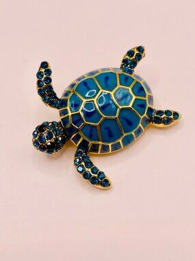 Turtle Shaped Gold-Tone Rhinestone Brooch Blue Enamel Shell -109B